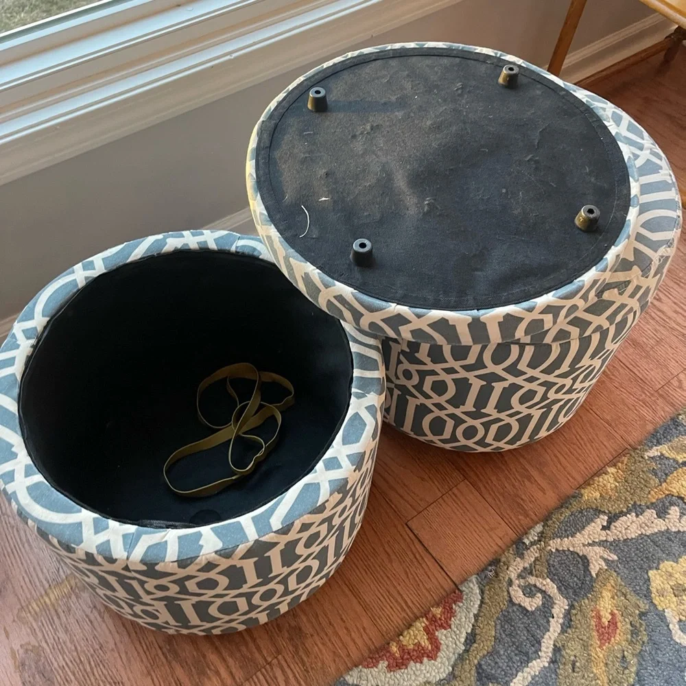 Blue and White Geometric ottomans with storage
